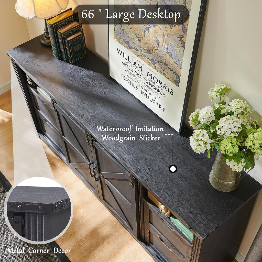 JXQTLINGMU Farmhouse TV Stand for 75+ Inch TV, 32' Tall Entertainment Center w/4 Drawers & Sliding Barn Door, Rustic Media Console w/Storage Shelves, 66' Wood Television Stand for Living Room, Black