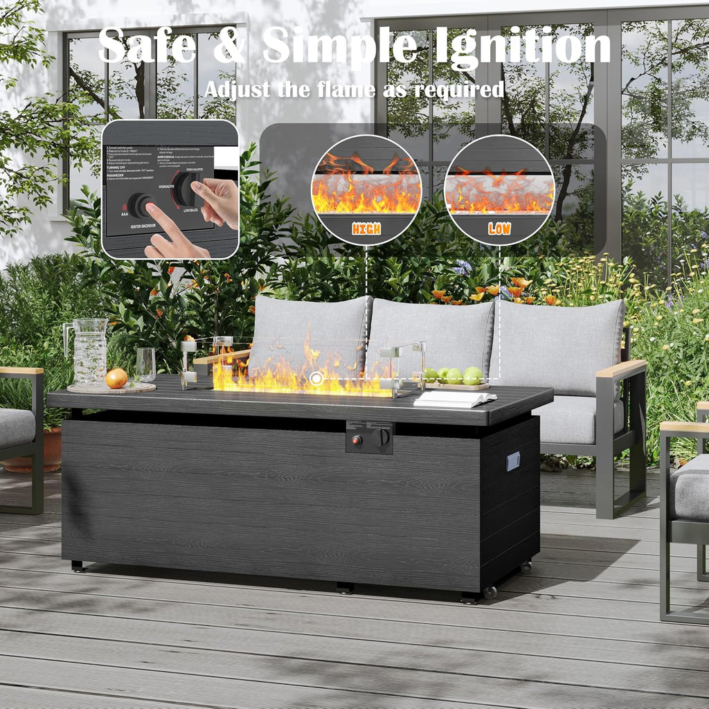 Sundale Outdoor 51 Inch Outdoor Fire Pit Table, 50,000BTU Rectangle Propane Fire Pit with Sliding Tank Holder, Glass Wind Guard, Removable Lid, CSA Certified, Gray