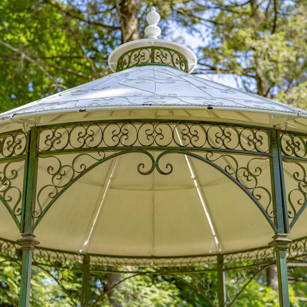 11.25ft. Tall Round Iron Gazebo with Four Side Walls & Flowers Baskets Seville (Antique Green)