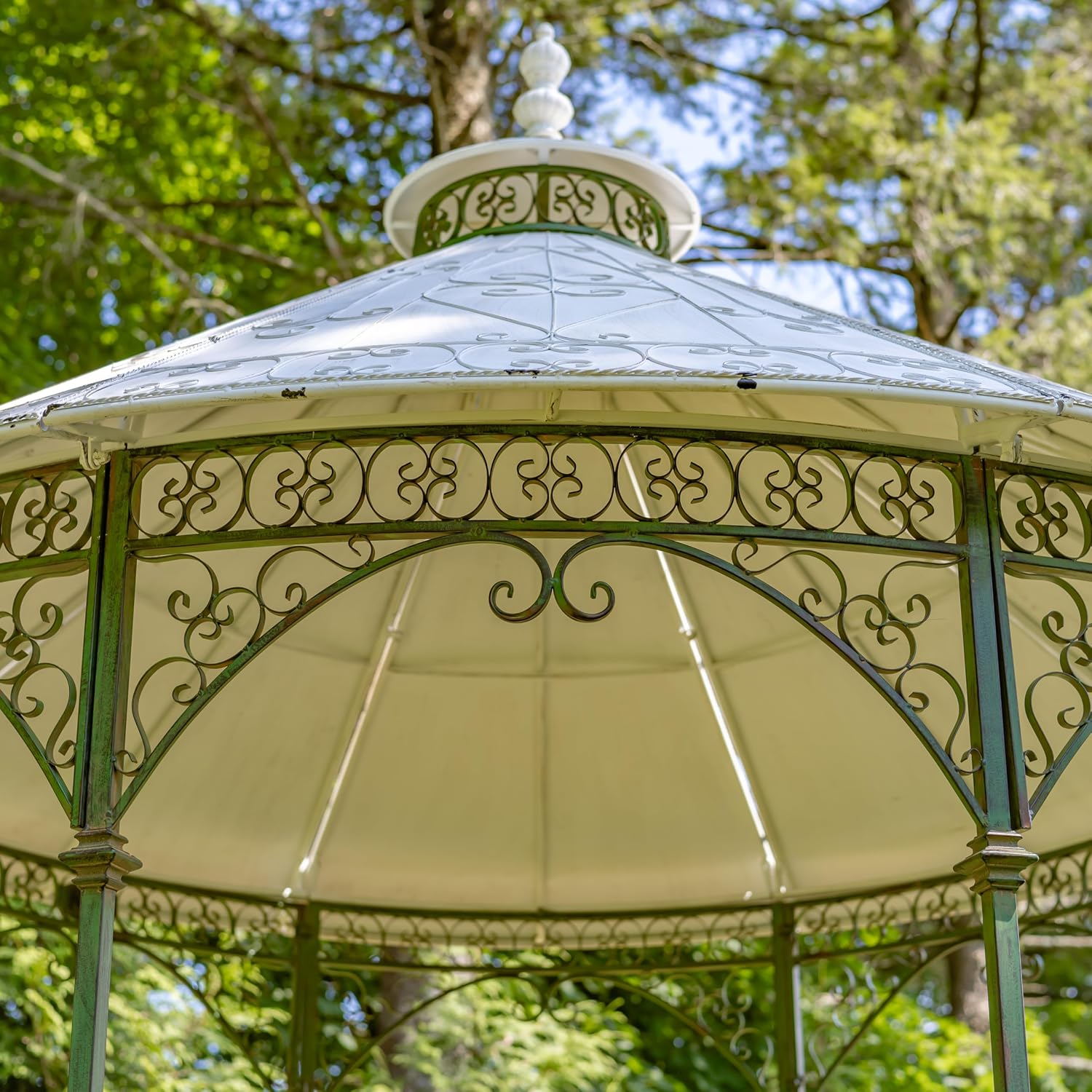 11.25ft. Tall Round Iron Gazebo with Four Side Walls & Flowers Baskets Seville (Antique Green)