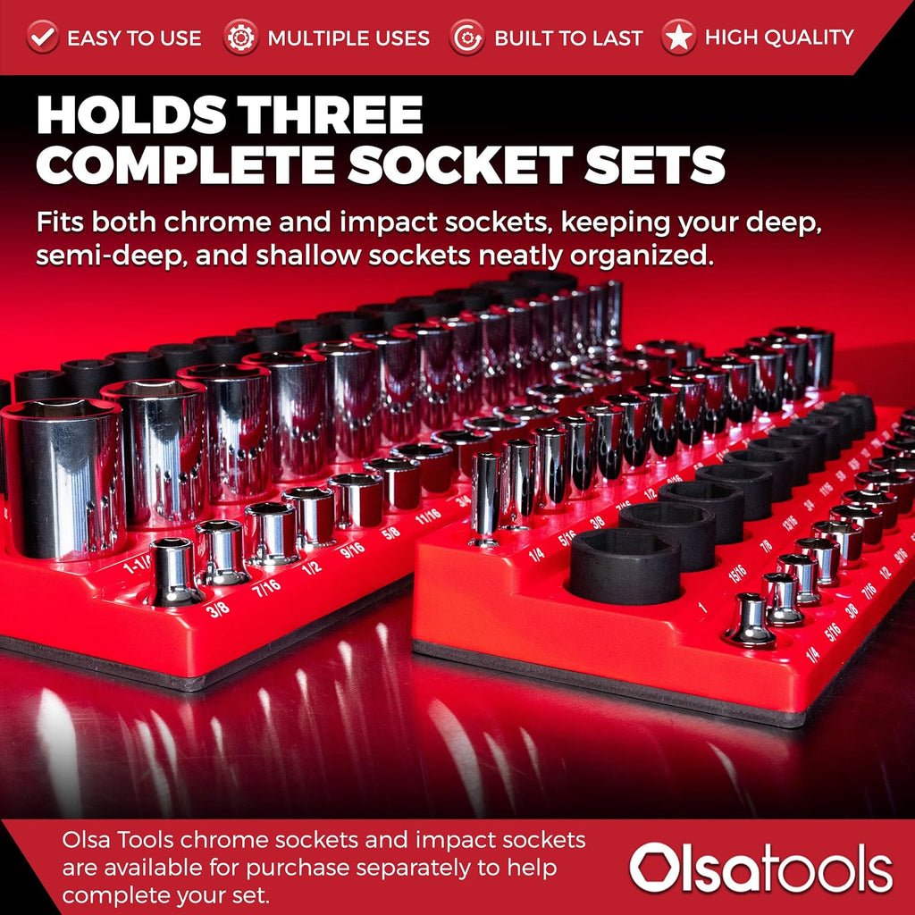 Olsa Tools Magnetic Socket Organizer - 1/4', 3/8' & 1/2-Inch Drive SAE Socket Holder Set - Professional Tool Holder and Organizer - Stores up to 123 Sockets - Red - Part: 1560