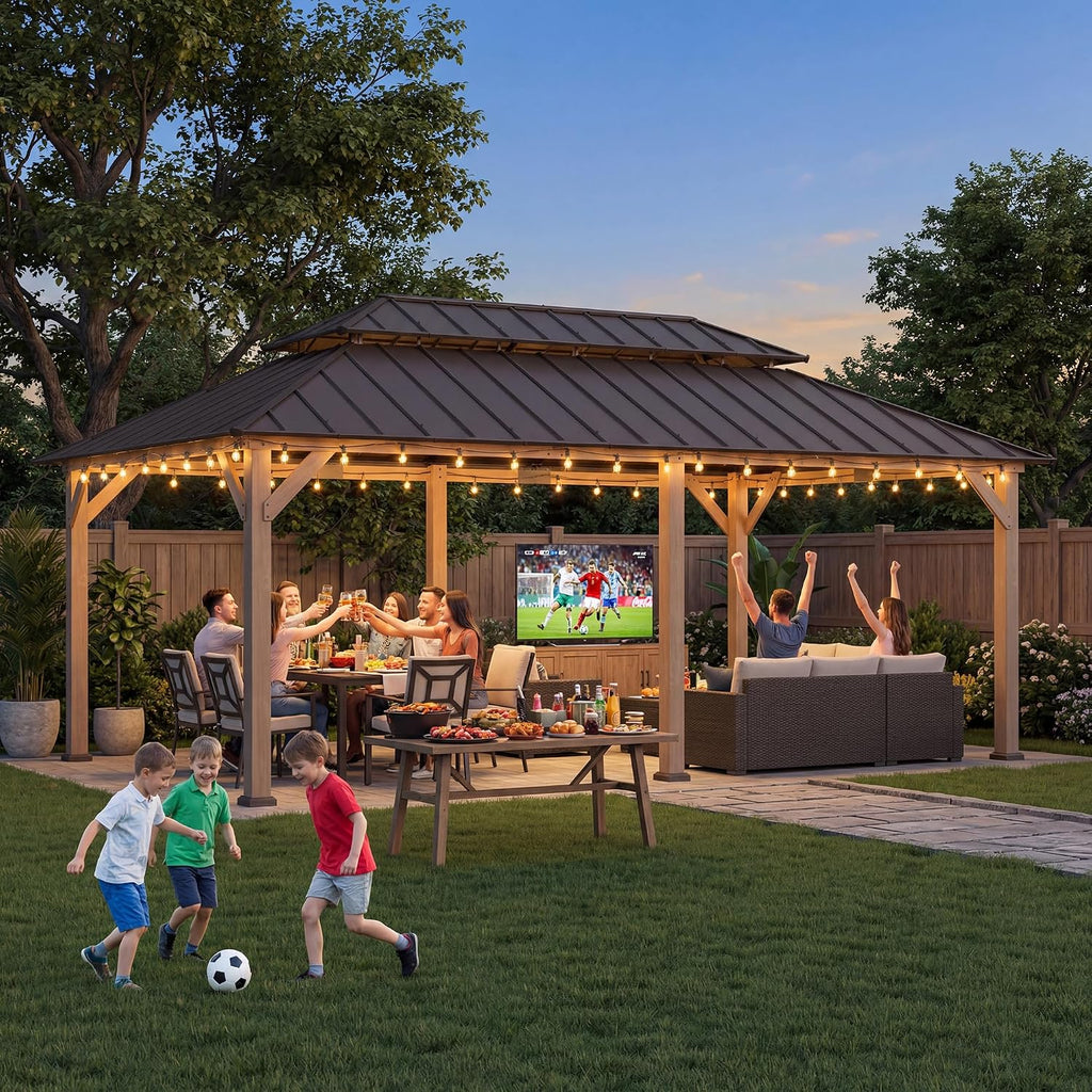 SUNJOY 12 x 20 ft. Wood Gazebo, Outdoor Patio Cedar Framed Wooden Hardtop Gazebo with 2-Tier Metal Roof, Suitable for Patios, Lawn, and Backyard, Dark Brown Roof + Dark Wood Frame