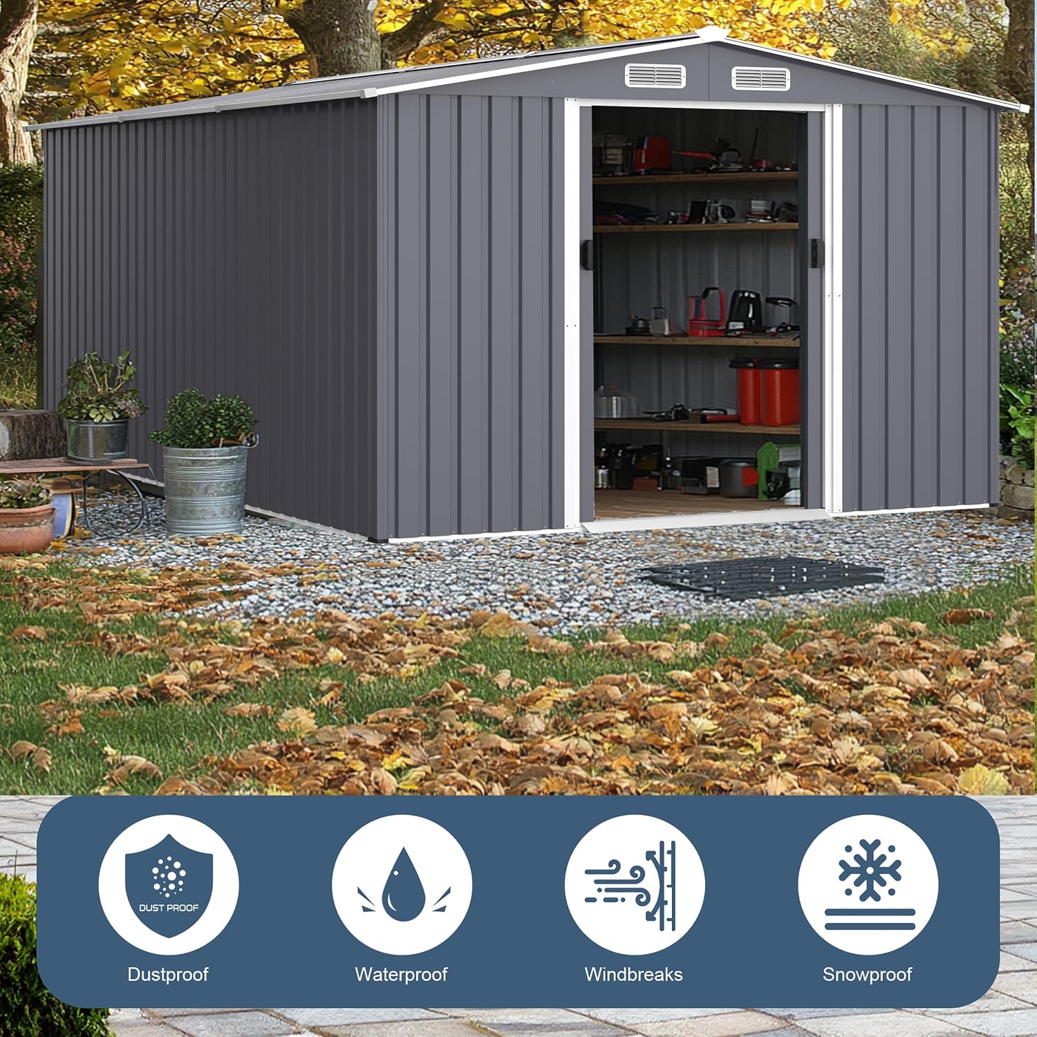 Shed with Windows,Large Metal Outdoor Storage Shed, Lockable Tool Storage shed, Steel Garden shed, Suitable for Backyard, Terrace, and Poolside (Grey+Metal, 8FTx12FT)