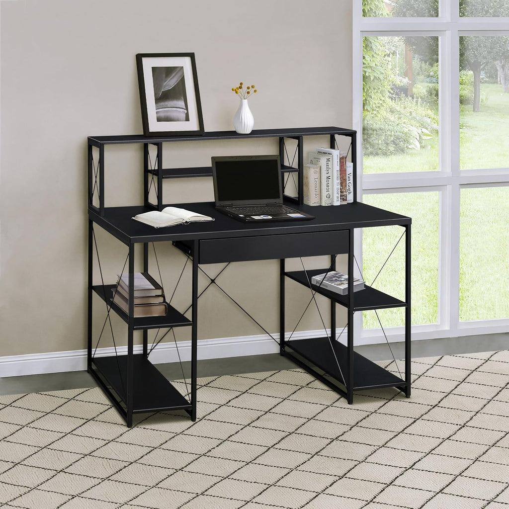 Modern Computer Desk with Hutch and Open Shelves, Foldable Adjustable Portable Gaming Study Desk Table with Wheels for Bedroom Office Student Sturdy Furniture,Black-Wood
