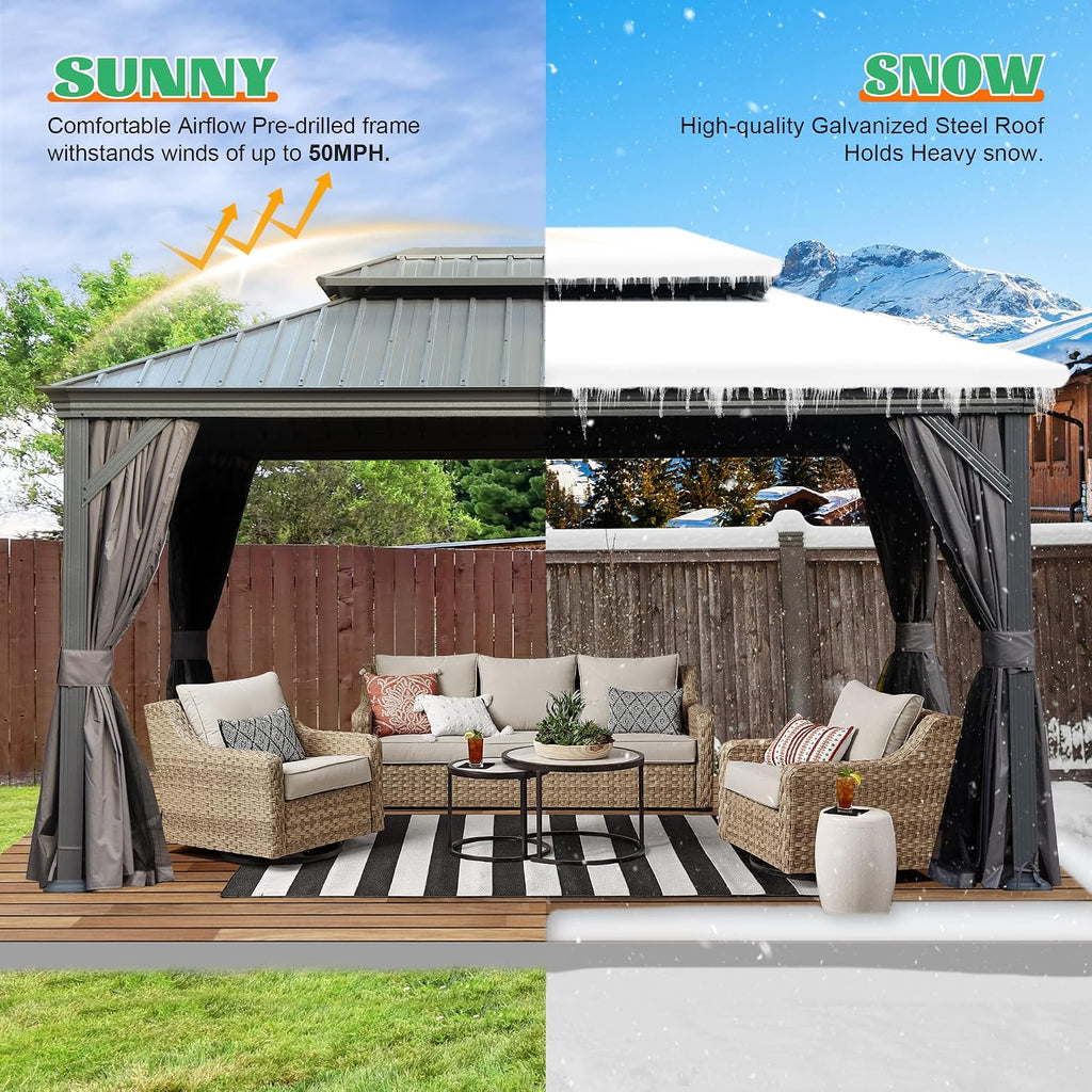 Domi 10x14FT Hardtop Gazebo, Outdoor Gazebo with Double Galvanized Steel Roof, Metal Pavilion Shelter for Patio, Lawn and Garden, Detachable Curtain and Netting Included, Gray