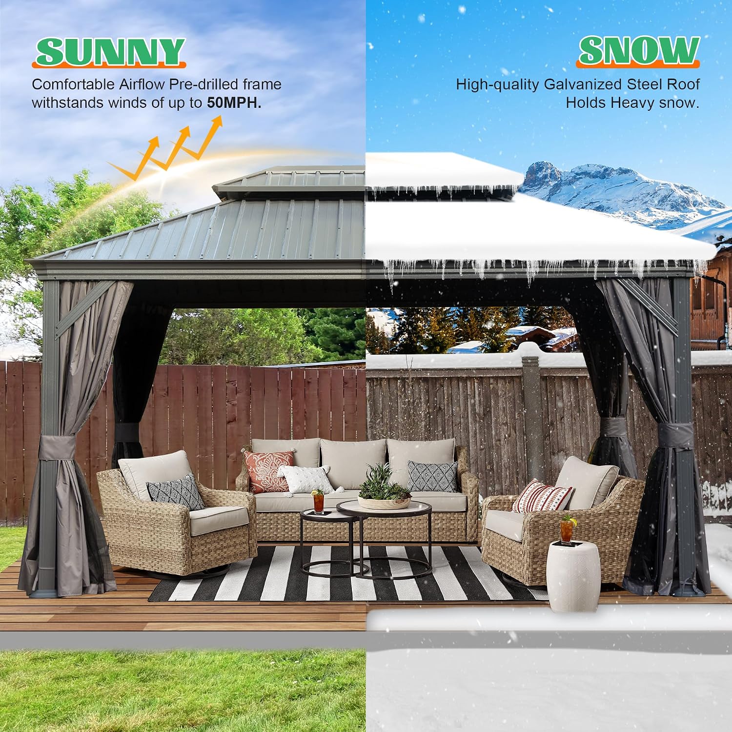 Domi 10x14FT Hardtop Gazebo, Outdoor Gazebo with Double Galvanized Steel Roof, Metal Pavilion Shelter for Patio, Lawn and Garden, Detachable Curtain and Netting Included, Gray