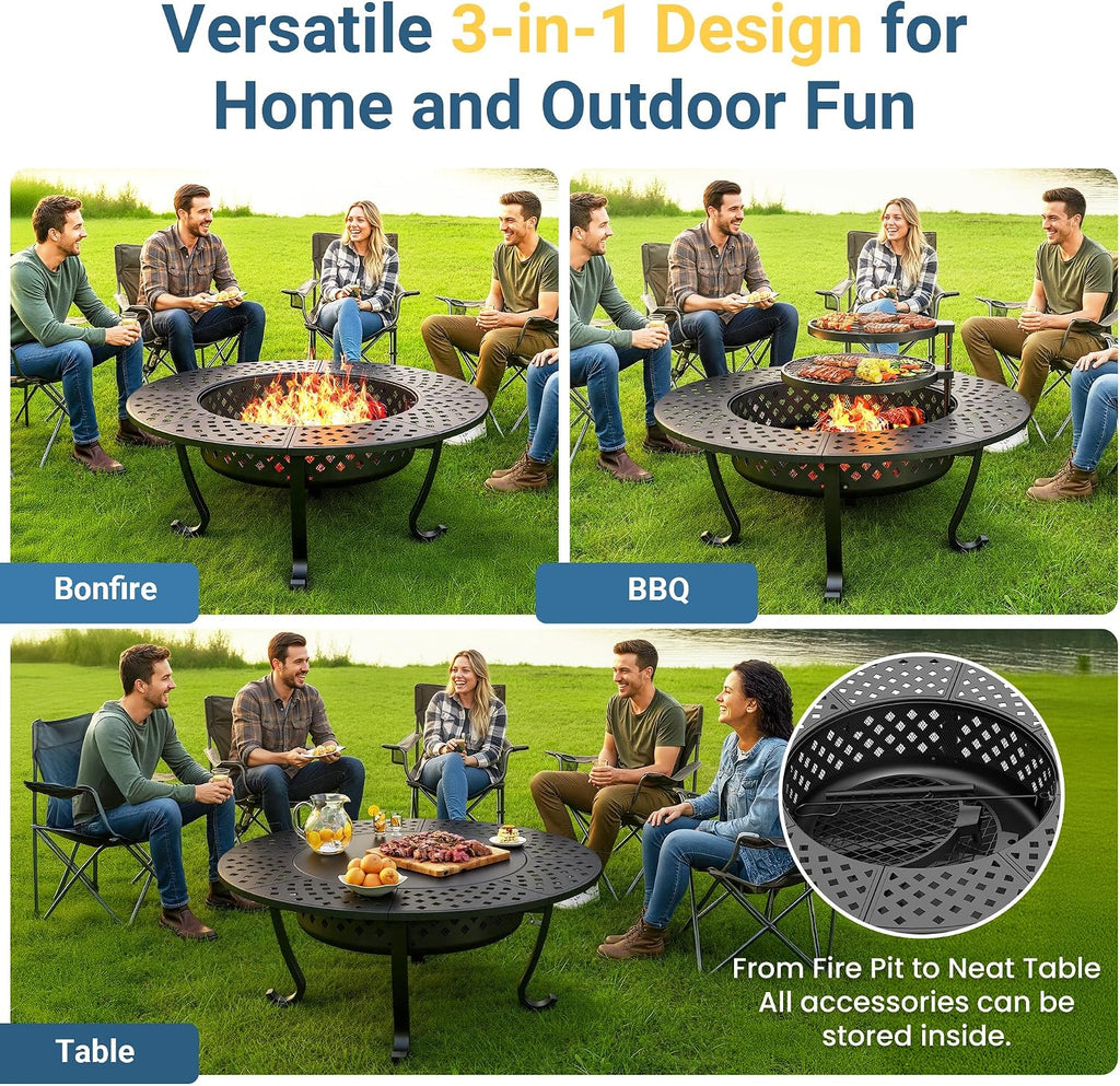 Wisteria Lane 3 in 1 43' Extra Large Fire Pit for Outside Wood Burning with 2 Adjustable Grills, Outdoor Fireplace with Lid and Fire Poker, BBQ & Bonfire & Round Metal Table for Patio, Backyard