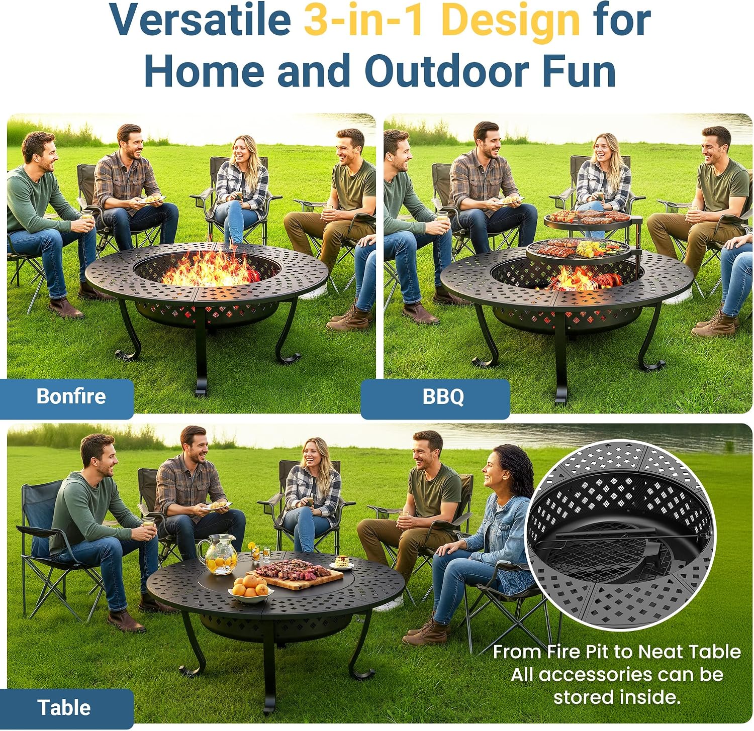 Wisteria Lane 3 in 1 43' Extra Large Fire Pit for Outside Wood Burning with 2 Adjustable Grills, Outdoor Fireplace with Lid and Fire Poker, BBQ & Bonfire & Round Metal Table for Patio, Backyard