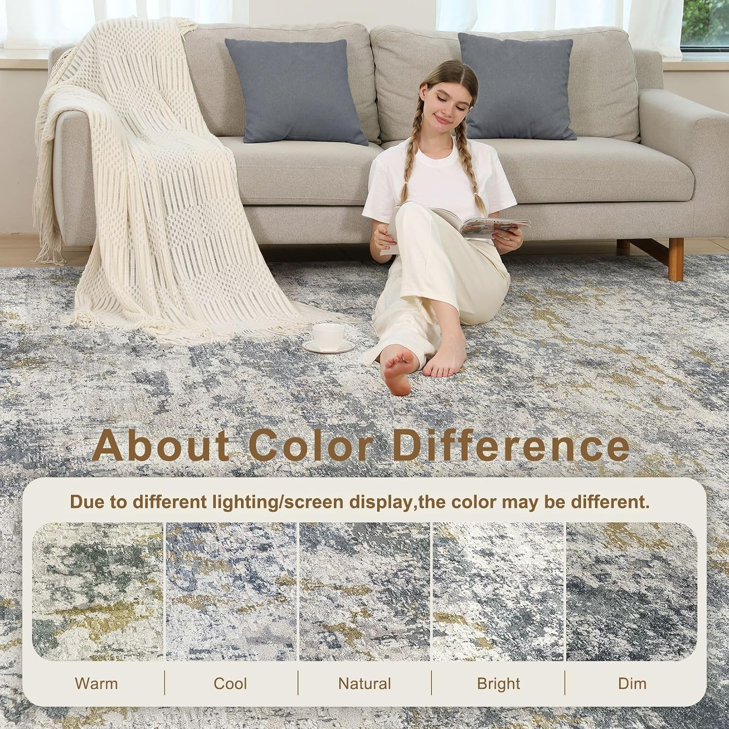 kakania 10x12 Washable Area Rug: Abstract Modern Non Slip Soft Low Pile Carpet, Easy Clean Polyester Kid Pet Friendly, Thin Rug for Living Room Bedroom Kids Dorm Office, Robot Vacuum - Blue Grey