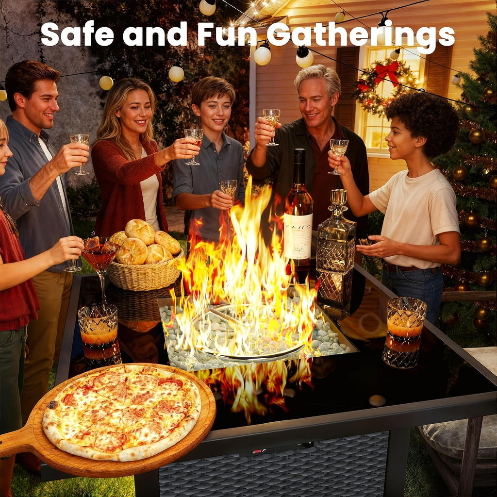 Propane Fire Pit Table, Outdoor Fire Pit Table, 28' Rattan Square Outdoor Gas FirePit with Glass Wind Guard, Tempered Glass Tabletop, Lid, CSA Listed, 50,000 BTU, Outside Patio Deck & Garden, Black