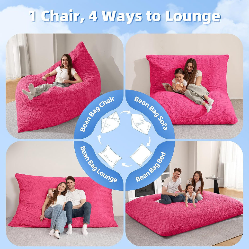 HABUTWAY 4 in 1 Bean Bag Chair, Giant Memory Foam Filling Bean Bag Sofa, Adult Bean Bag Chair, Machine Washable Faux Fur Cover, Bean Bag for Adult (Rose Red)