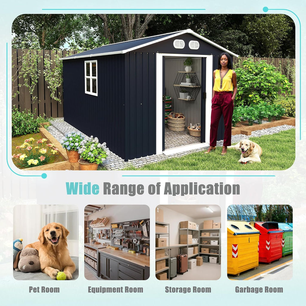 KEIKI 8x12 FT Outdoor Storage Shed, Heavy-Duty Metal Shed with Lockable Doors & Air Vents, Weather-Resistant Garden Tool Storage for Backyard Patio, Dark Gray