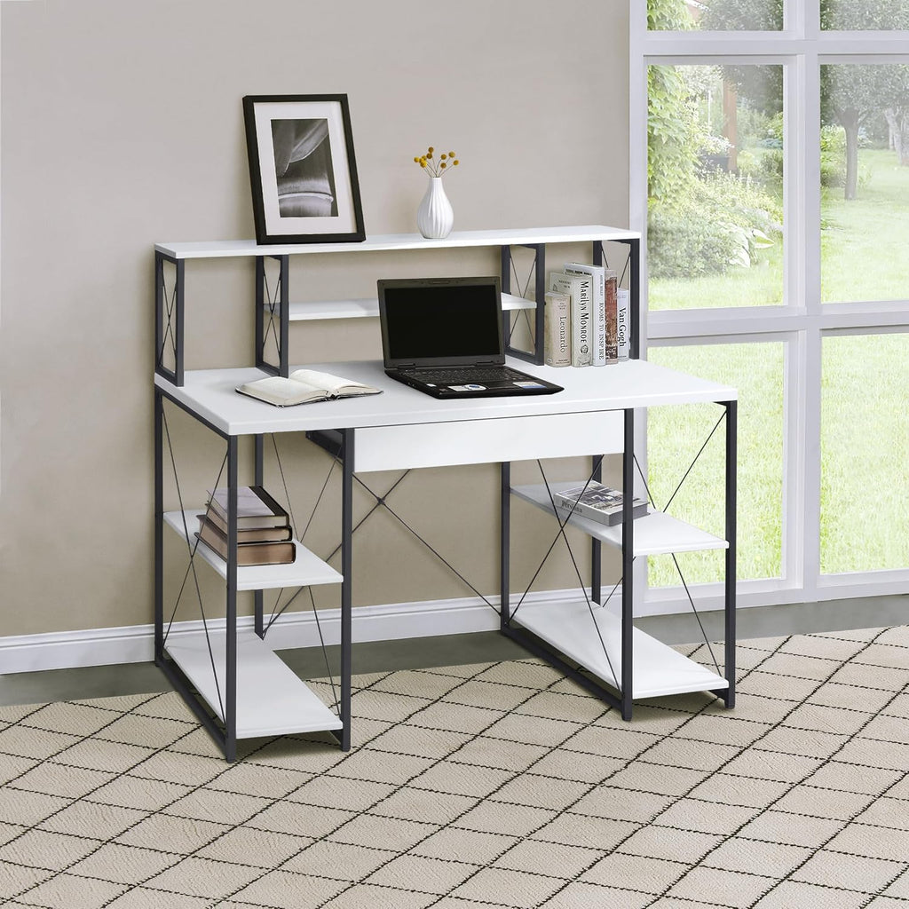 Modern Computer Desk with Hutch and Open Shelves, Foldable Adjustable Portable Gaming Study Desk Table with Wheels for Bedroom Office Student Sturdy Furniture,White-Wood