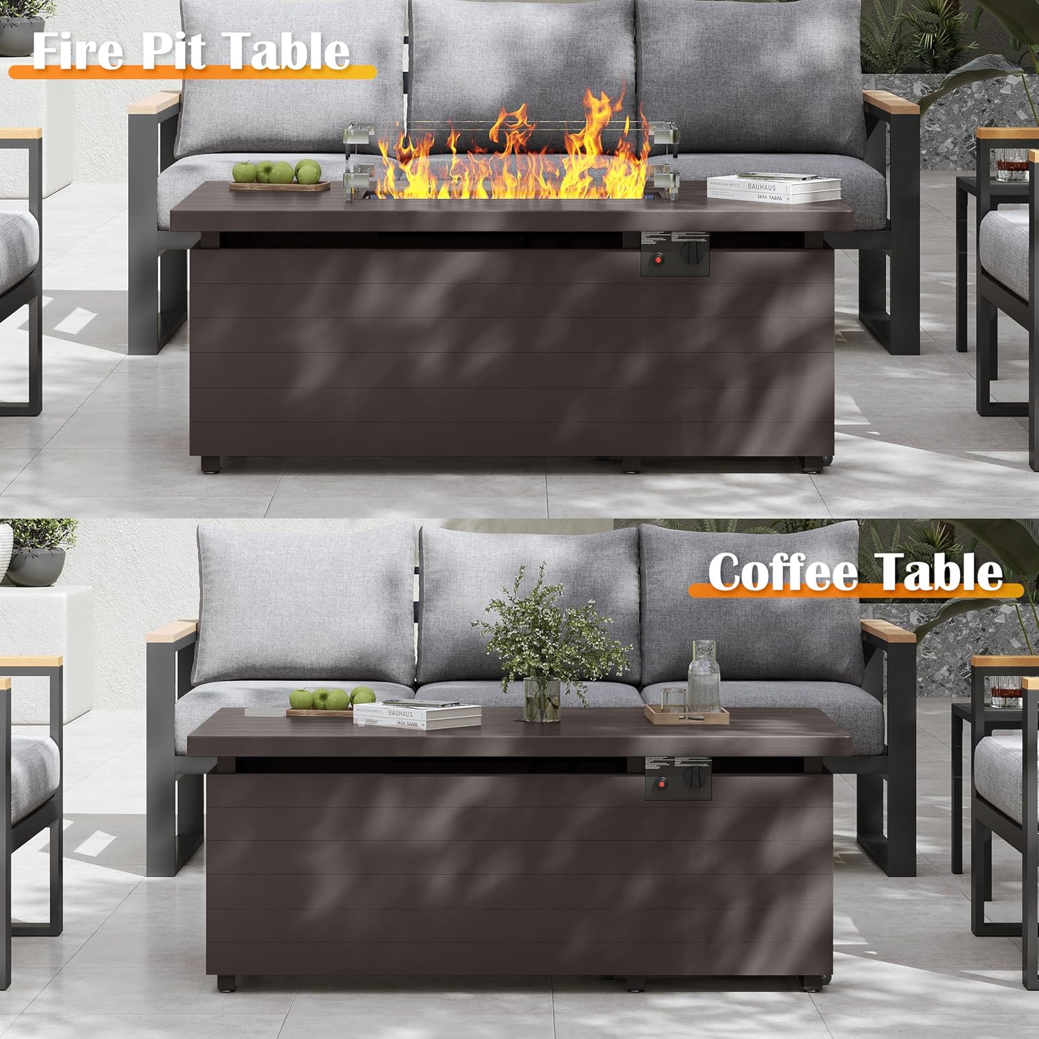 Sundale Outdoor 51 Inch Outdoor Fire Pit Table, 50,000BTU Rectangle Propane Fire Pit with Sliding Tank Holder, Glass Wind Guard, Removable Lid, CSA Certified, Brown