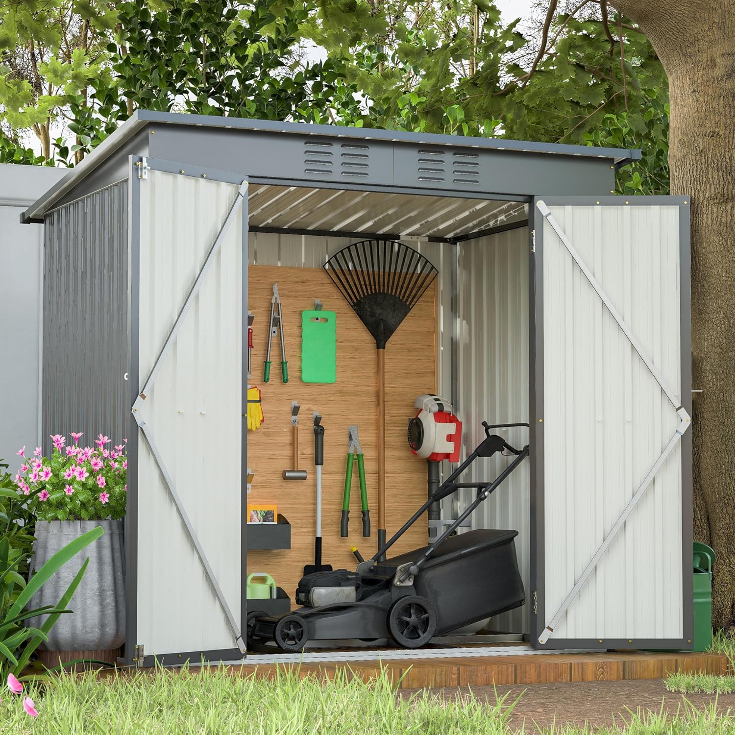 6x4 FT Shed Outdoor Storage Metal Large Garden Tool Sheds with Lockable Doors Floor Frame Sloped Roof Waterproof Steel Utility Equipment Shed for Backyard Patio Lawn Poolside, Black