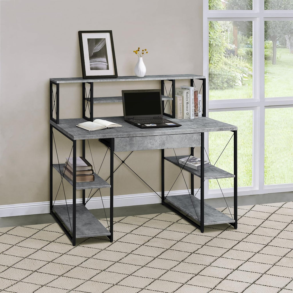 Modern Computer Desk with Hutch and Open Shelves, Foldable Adjustable Portable Gaming Study Desk Table with Wheels for Bedroom Office Student Sturdy Furniture,Grey-Wood