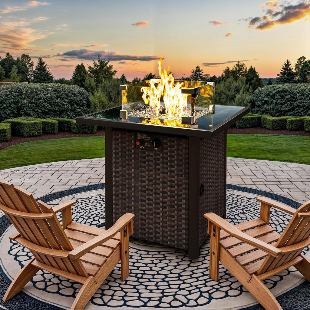 Propane Outdoor Fire Pit Table, 28' Rattan Square Fire Pit Table, Outdoor Gas FirePit W/Glass Wind Guard, Tempered Glass Tabletop, Lid, CSA Listed, 50,000 BTU, Outside Patio Deck & Garden, Brown