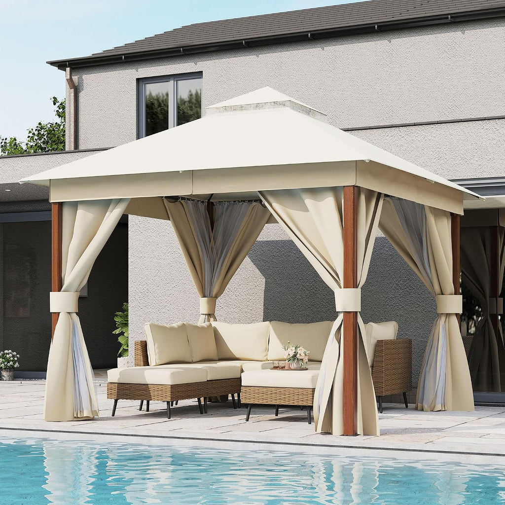 LAUSAINT HOME 10'x10' Outdoor Gazebo, Metal Frame Heavy Duty Patio Canopy Tent Shelter with Double Roofs, Mosquito Nettings and Privacy Screens for Backyard, Garden, Lawn, Cream White
