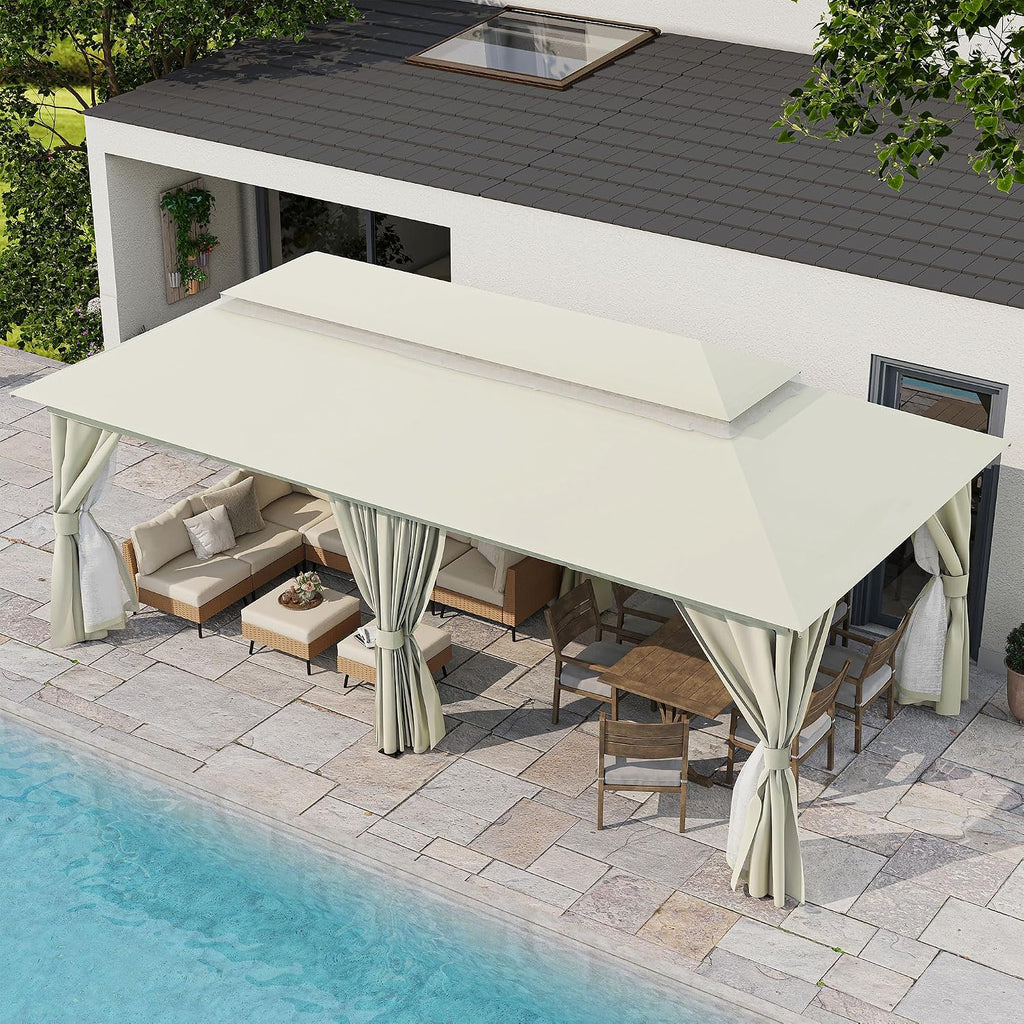 LAUSAINT HOME 10'x20' Outdoor Gazebo, Metal Frame Heavy Duty Patio Canopy Tent Shelter with Double Roofs, Mosquito Nettings and Privacy Screens for Backyard, Garden, Lawn, Cream White