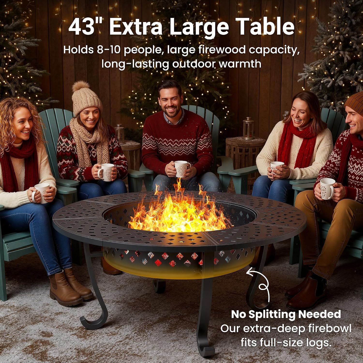 Wisteria Lane 3 in 1 43' Extra Large Fire Pit for Outside Wood Burning with 2 Adjustable Grills, Outdoor Fireplace with Lid and Fire Poker, BBQ & Bonfire & Round Metal Table for Patio, Backyard