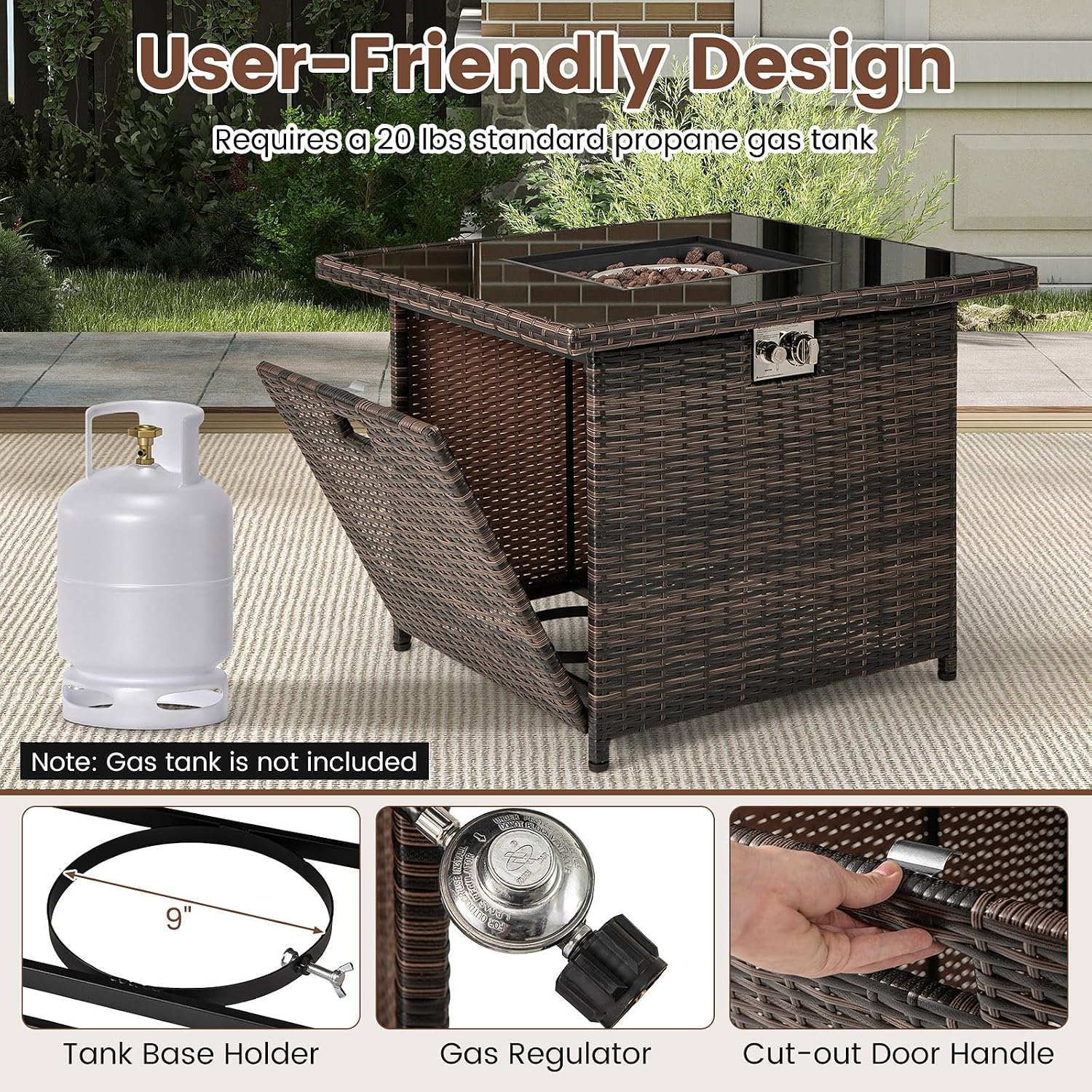 Tangkula 32.5 Inch Propane Fire Pit Table, Outdoor Rattan Gas Firepit with Tempered Glass Tabletop & Stainless Steel Burner, Square Fire Pit with Lava Rocks & Protective Cover for Outside Patio