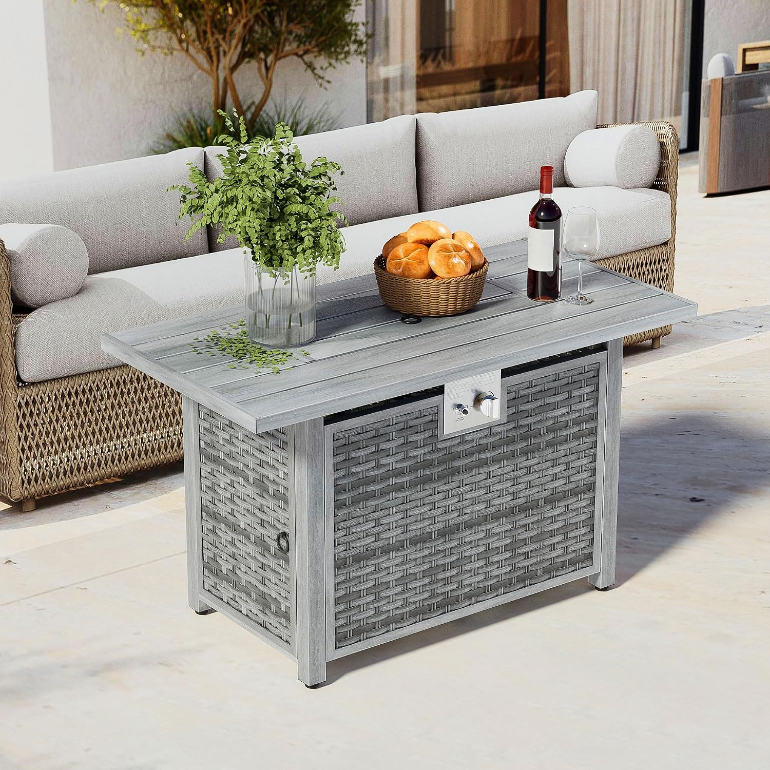 Dineli 43-Inch Rectangular Propane Fire Pit Firepits for Outside Patio Fire Pit Table, Gas Fire Pits with Adjustable Feet, Tabletop Fire Pits for Backyard Deck Balcony, 50,000 BTU, Light Gray