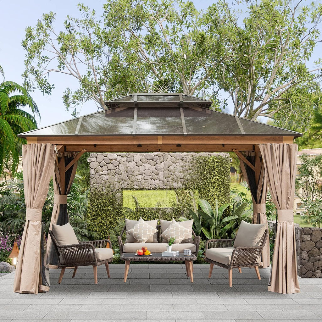 Domi 10' X 12' Hardtop Gazebo with Polycarbonate Double Roof, Aluminum Frame, Curtains & Netting, All-Weather Backyard Shade Structure for Patio, Garden, Deck, and Lawn, Wood-Look Finish