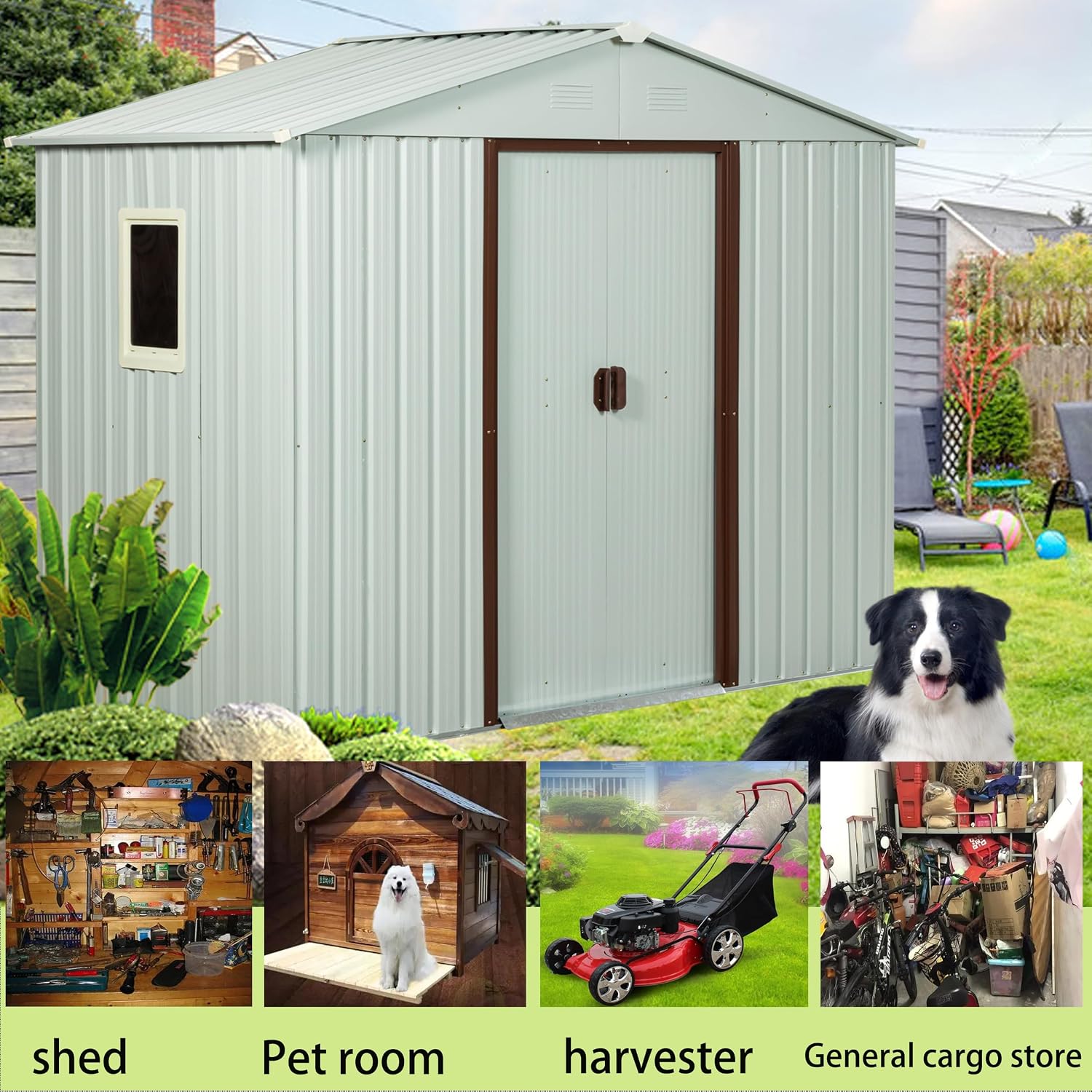 Shed with Windows,Large Metal Outdoor Storage Shed, Lockable Tool Storage shed, Steel Garden shed, Suitable for Backyard, Terrace, and Poolside (White, 8FTx4FT)