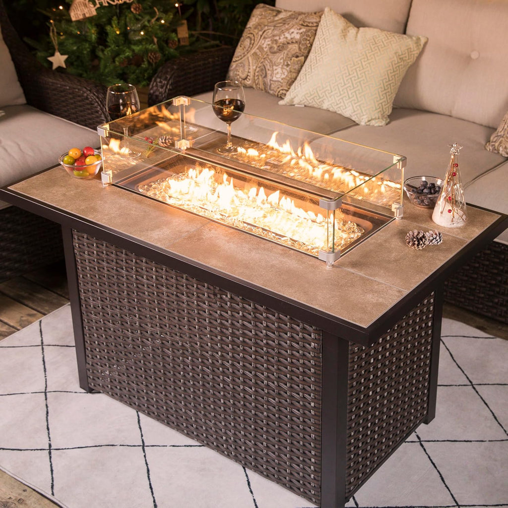 Nuu Garden 43' Propane Fire Pit Table, CSA Certified 50,000 BTU Outdoor Patio Propane Fire Pit Table with Fire Pit Wind Guard, Removable Lid, Ceramic Tabletop, Water-Proof Oxford Cover, Dark Brown