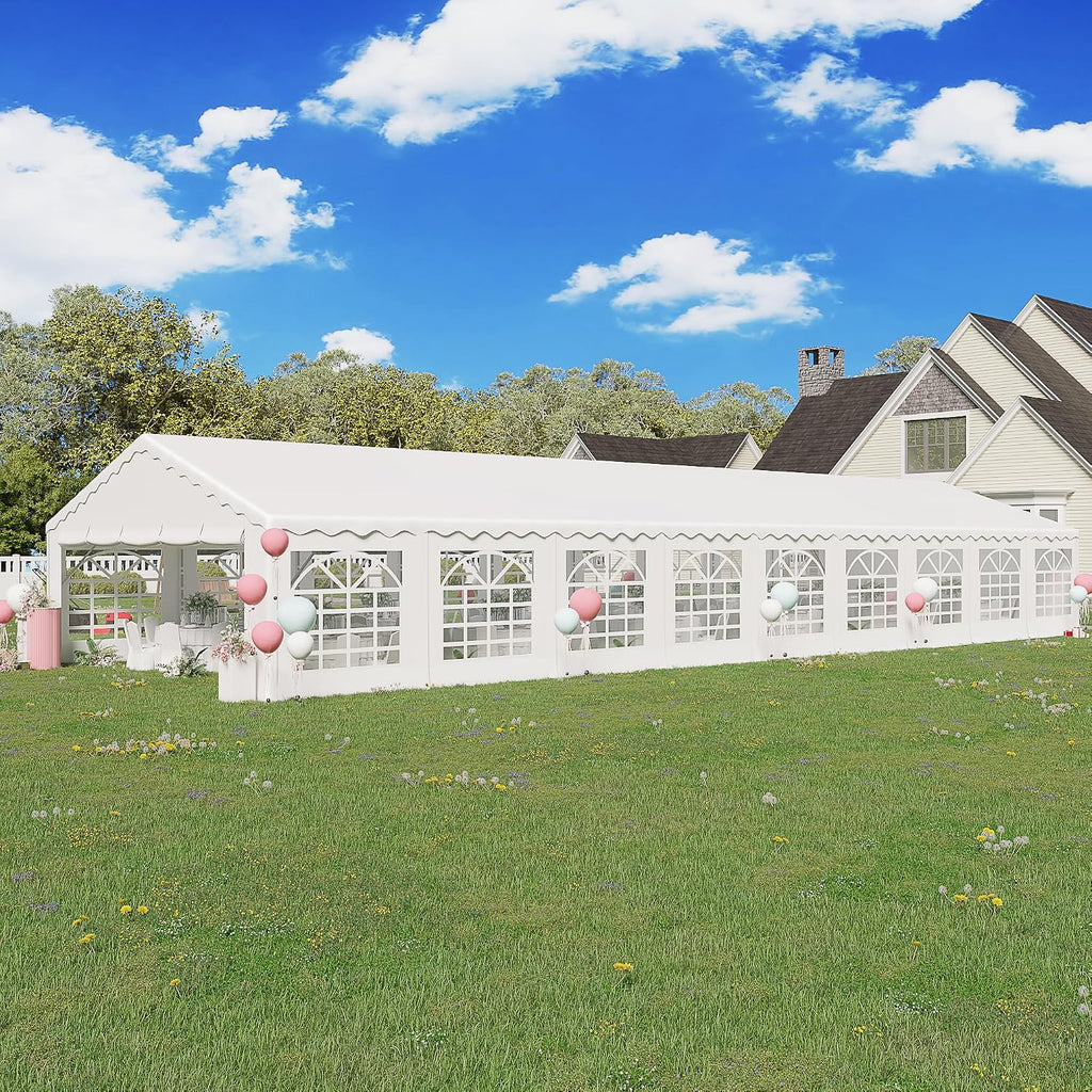 EROMMY 20x60FT Heavy Duty Party Tent, White Outdoor Wedding Canopy with Removable Sidewalls, 2 Roll-Up Doors & 5 Storage Bags, Large Event Shelter for Commercial or Backyard Use