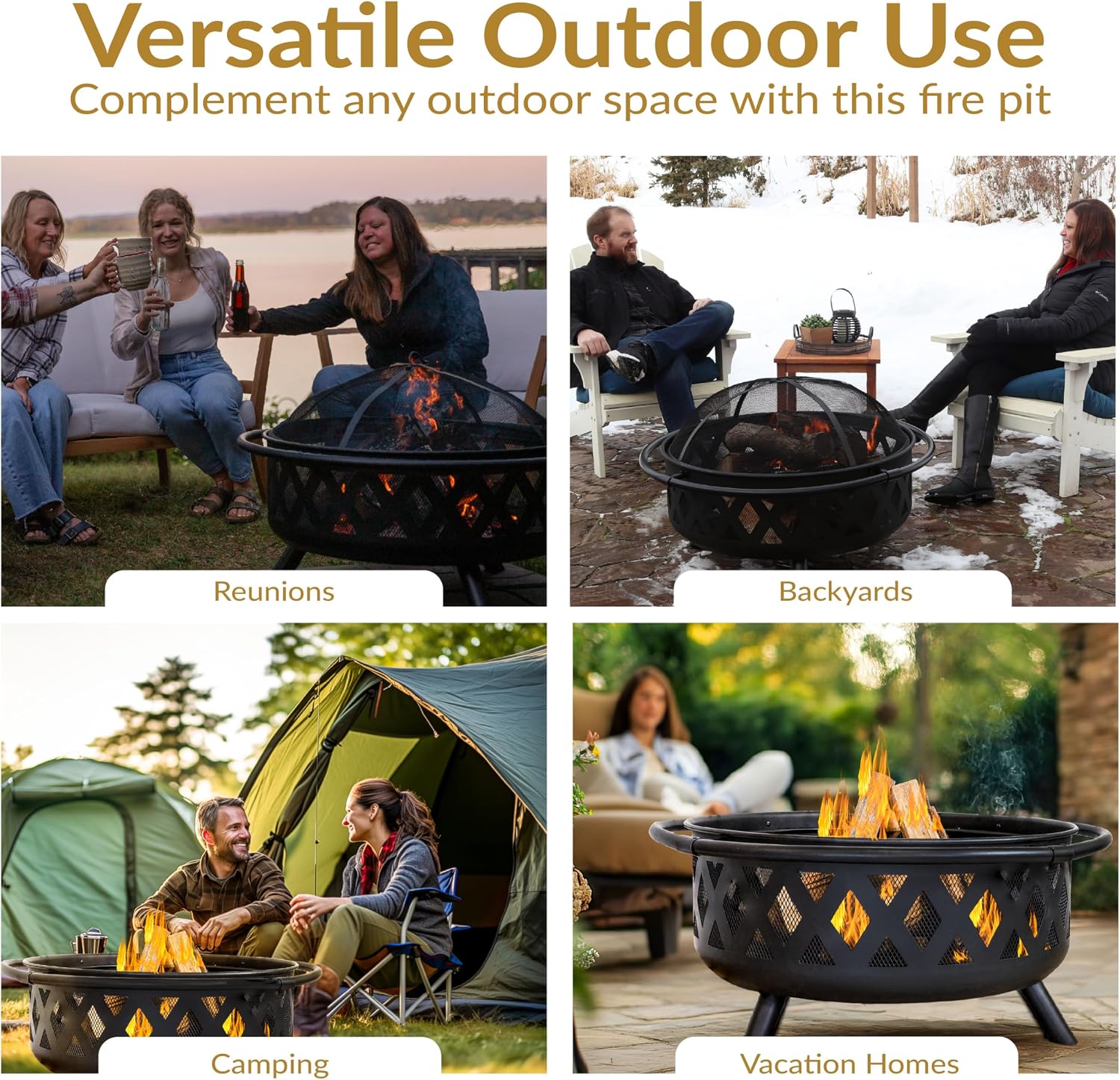 Sunnydaze Crossweave Outdoor Fire Pit - Wood-Burning Fire Pit for Outside with Spark Screen, Poker and Round Cover - 36-Inch - Black