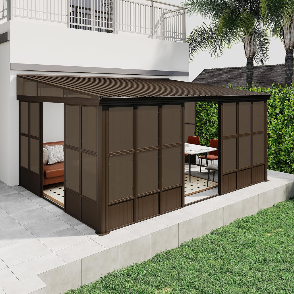 Domi 12x16FT Sunroom, Wall Mounted Sunroom Kit with Galvanized Steel Sloping Roof, Outdoor Sunroom Gazebo with Detachable PC Screen, 3 Sliding Double Doors, Lean to Sun Room for Patio, Deck