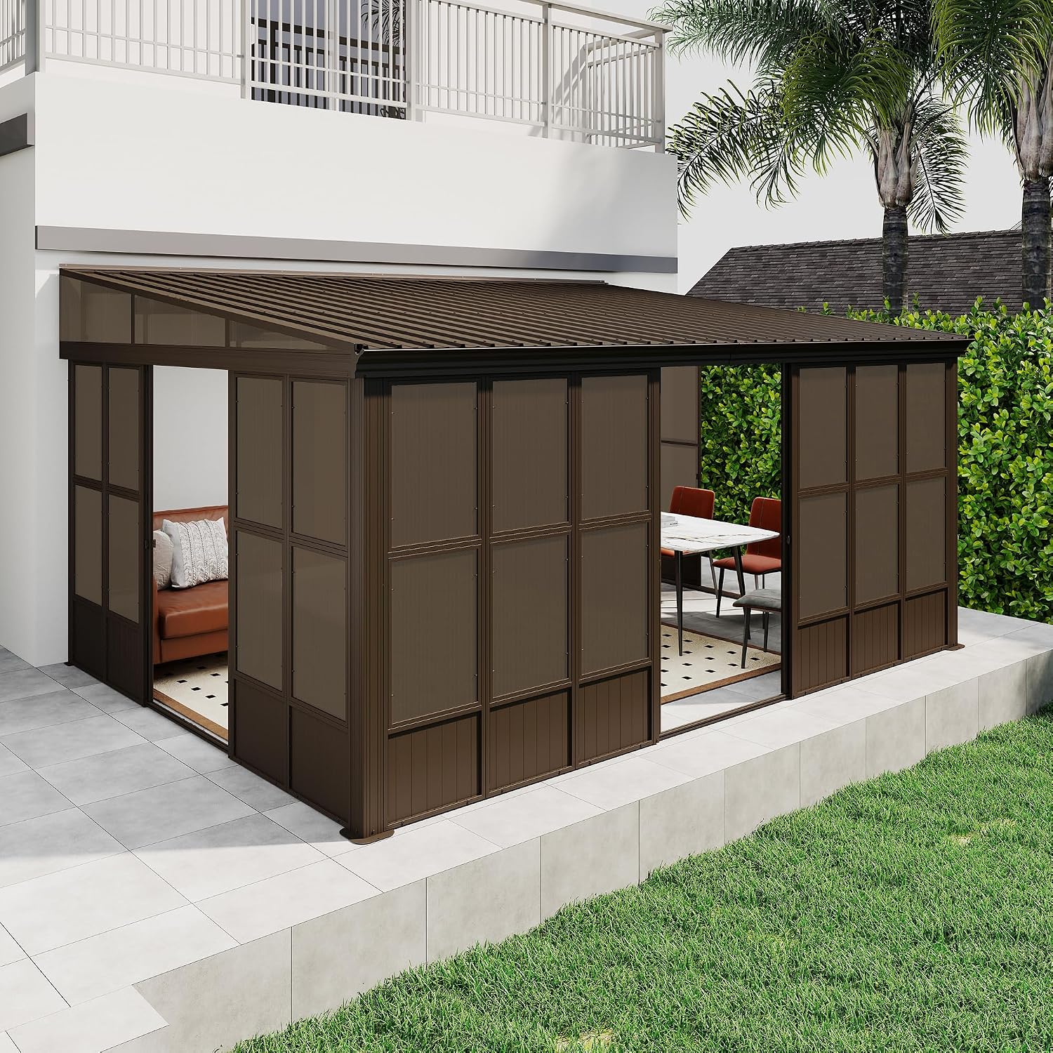 Domi 12x16FT Sunroom, Wall Mounted Sunroom Kit with Galvanized Steel Sloping Roof, Outdoor Sunroom Gazebo with Detachable PC Screen, 3 Sliding Double Doors, Lean to Sun Room for Patio, Deck