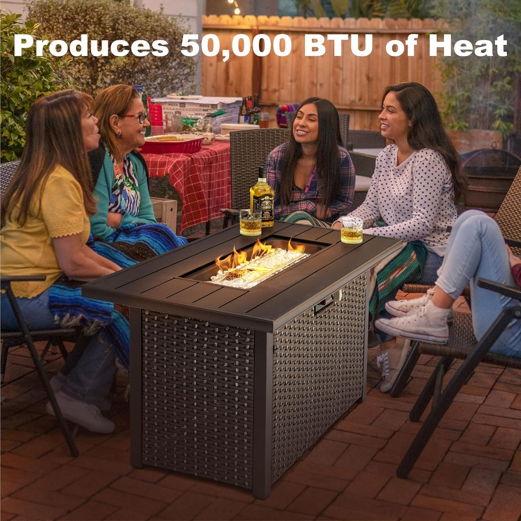 Nuu Garden Outdoor 43 Inch 50,000 BTU Propane Gas Fire Pit Table, Aluminum Tabletop and PE Rattan Weaved Steel Frame, Water-Proof Oxford Cover, Glass Fire Pit Wind Guard, Glass Beads, Lid, Dark Brown