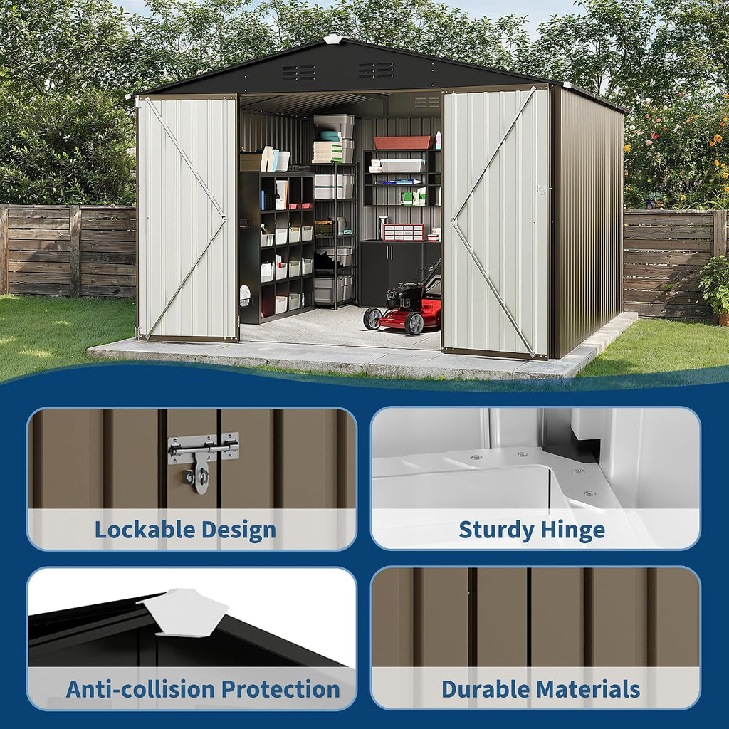 Garvee 10 X 10 FT Outdoor Storage Shed,Metal Garden Sheds&Outdoor Storage Clearance, Large Outdoor Storage Shed for Tools, Lawn Equipment, Garden Supplies - All Weather Lockable Metal Shed
