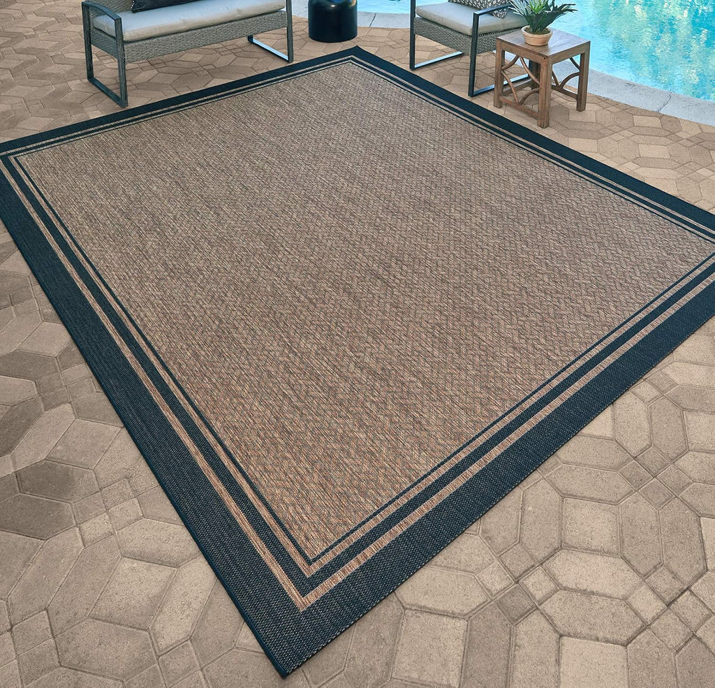 Gertmenian Indoor Outdoor Classic Flatweave Area Rug, Stain & UV Resistant Carpet, Deck, Patio, Poolside & Mudroom, 8x10 Ft Large, Border, Black Tan, 21515