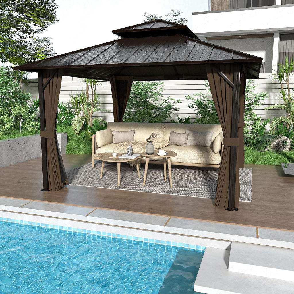 12' x 12' Hardtop Gazebo, Aluminum Frame with Double Galvanized Steel Roof, Outdoor Metal Gazebo with Netting & Curtains for Backyard, Garden, or Deck, Brown