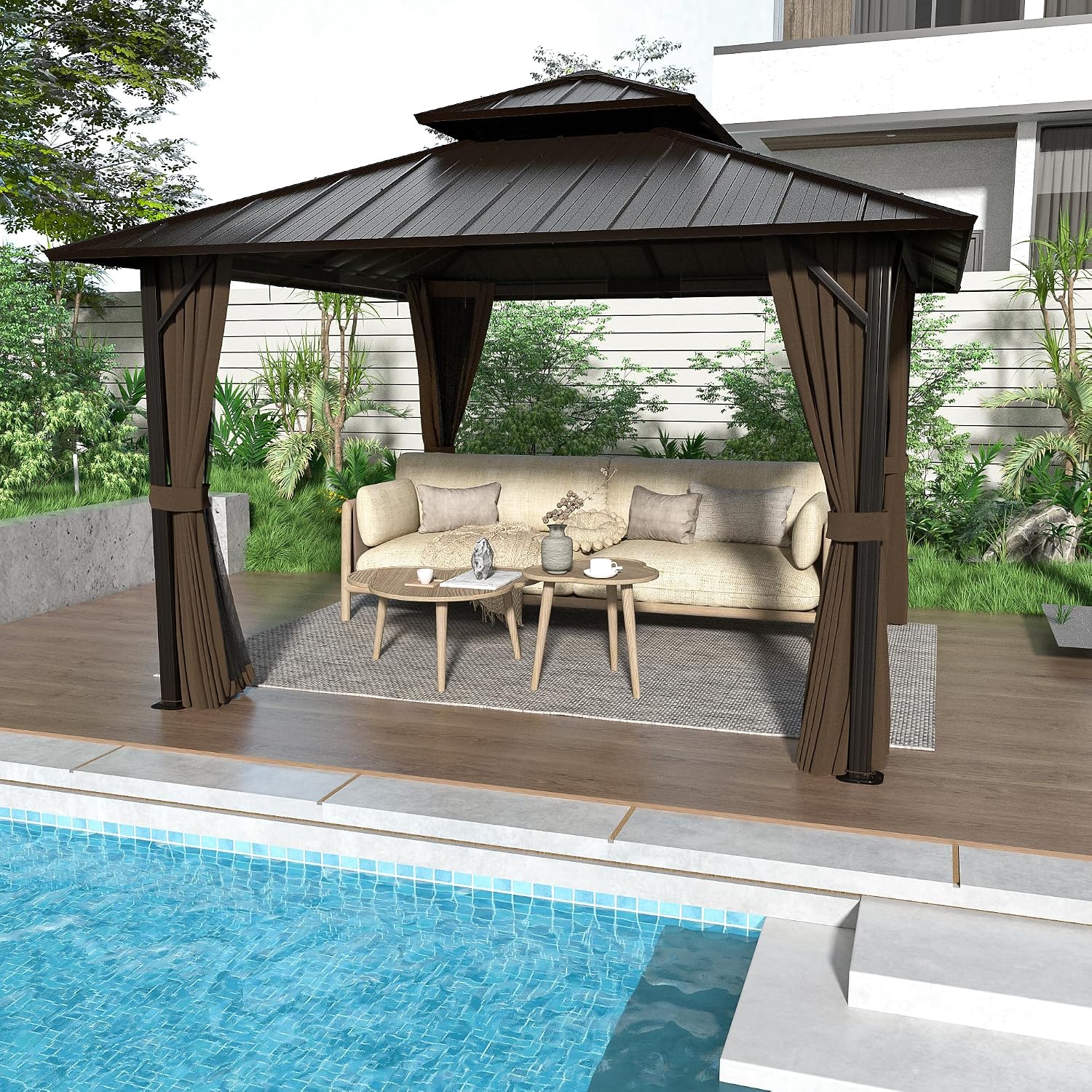 12' x 12' Hardtop Gazebo, Aluminum Frame with Double Galvanized Steel Roof, Outdoor Metal Gazebo with Netting & Curtains for Backyard, Garden, or Deck, Brown