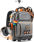 Backpack Tool Bag with Wheel, Rolling Tool Backpack for Electrician Heavy Duty Roller Tool Bag on Wheel for Construction Work, 75 Pockets & Loops Tool Backpack with Molded Base and Lock - Grey