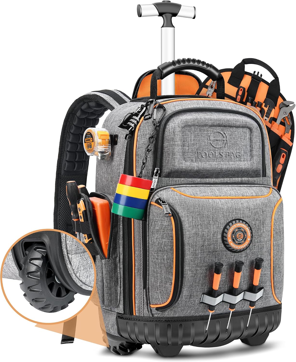 Backpack Tool Bag with Wheel, Rolling Tool Backpack for Electrician Heavy Duty Roller Tool Bag on Wheel for Construction Work, 75 Pockets & Loops Tool Backpack with Molded Base and Lock - Grey