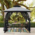 Sunjoy 9 ft. x 9 ft. Gazebo with 2-Tier Canopy Roof, Steel Frame Soft top Gazebo with Ceiling Hook and Mosquito Netting, Tan and Black