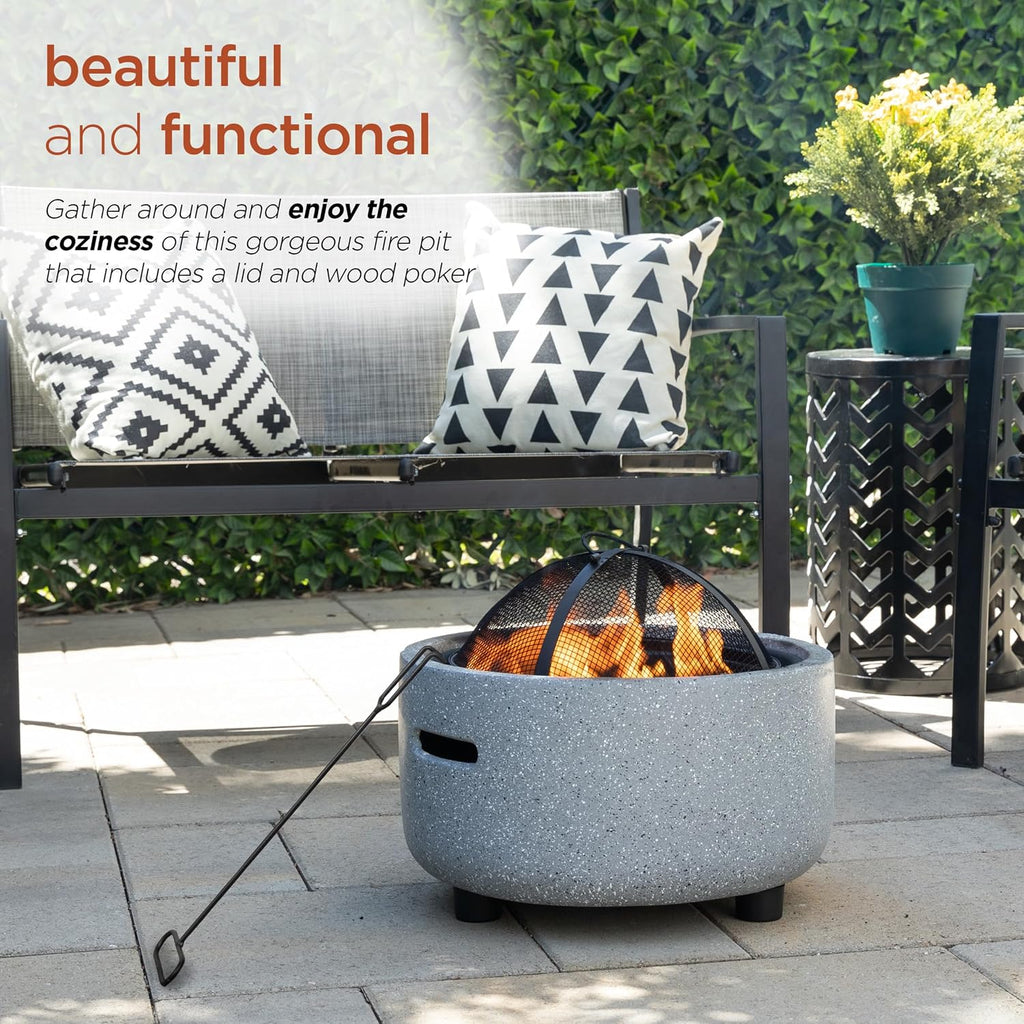 Alpine Corporation QFC334 Contemporary Gray Woodburning Firepit with Lid & Wood Poker, Decor for Patio & Deck, 16' H, Gray