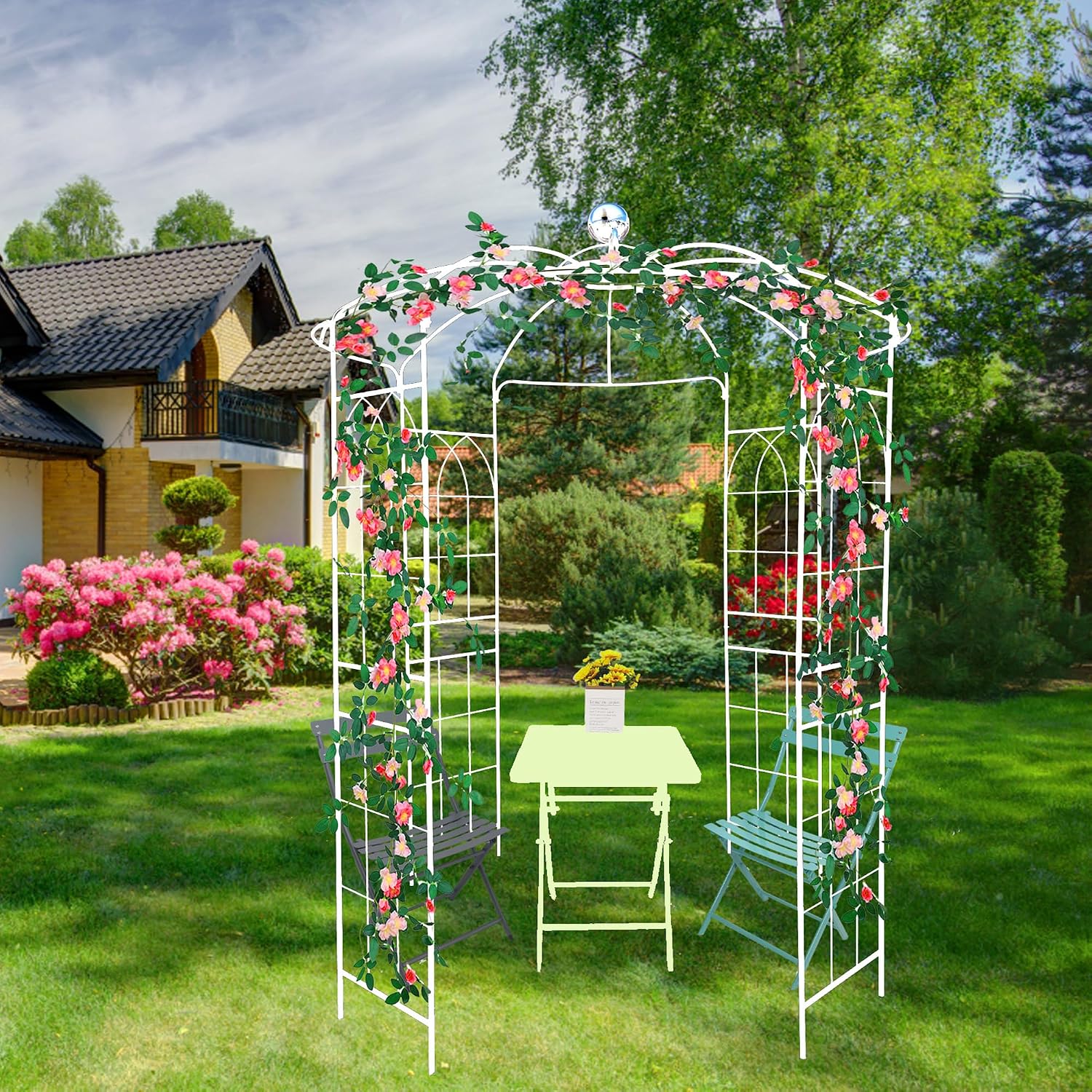 Metal Outdoor Garden Arch Iron Arbors Gazebo with Powder Coating Surface Treatment,High Birdcage Shape Pergola Pavilion,W/Screws,for Wedding Ceremony,Yard,White,81.3'x 114.2'