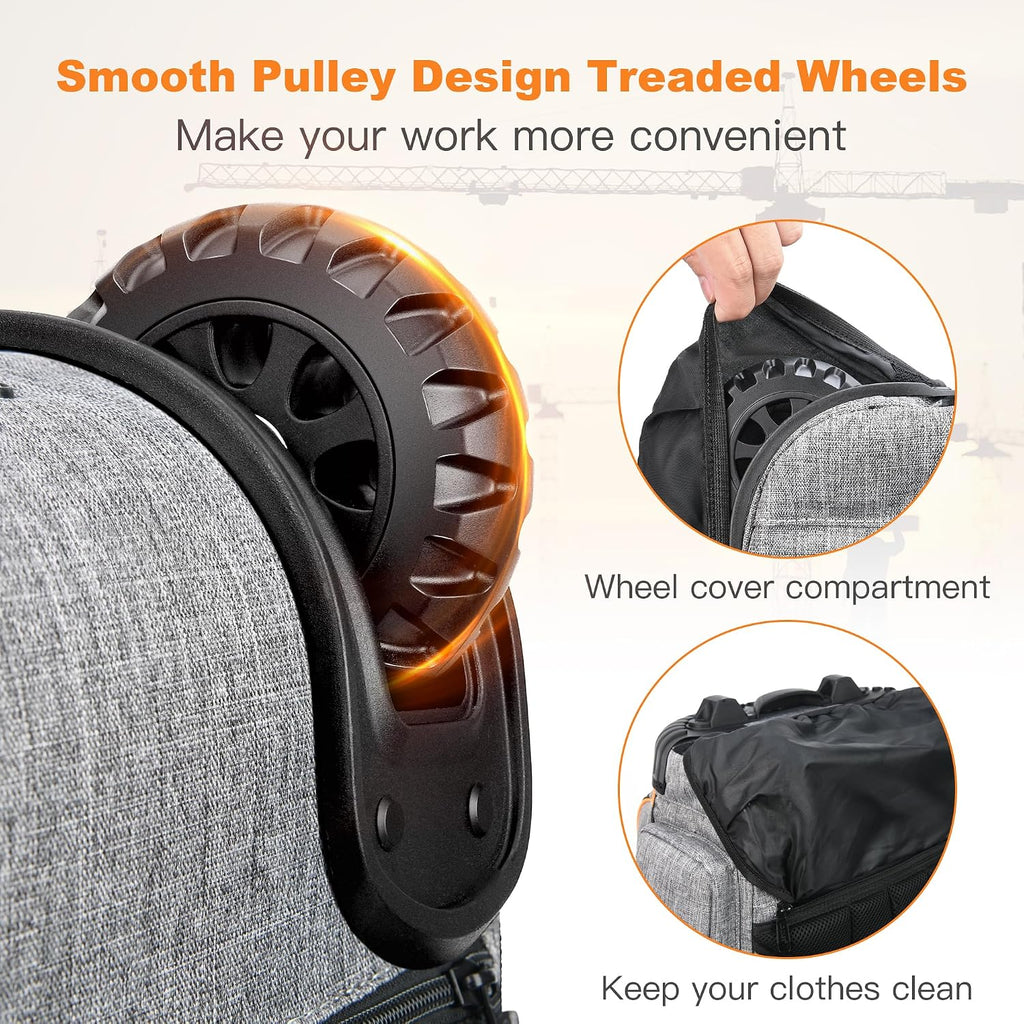 Backpack Tool Bag with Wheel, Rolling Tool Backpack for Electrician Heavy Duty Roller Tool Bag on Wheel for Construction Work, 75 Pockets & Loops Tool Backpack with Molded Base and Lock - Grey