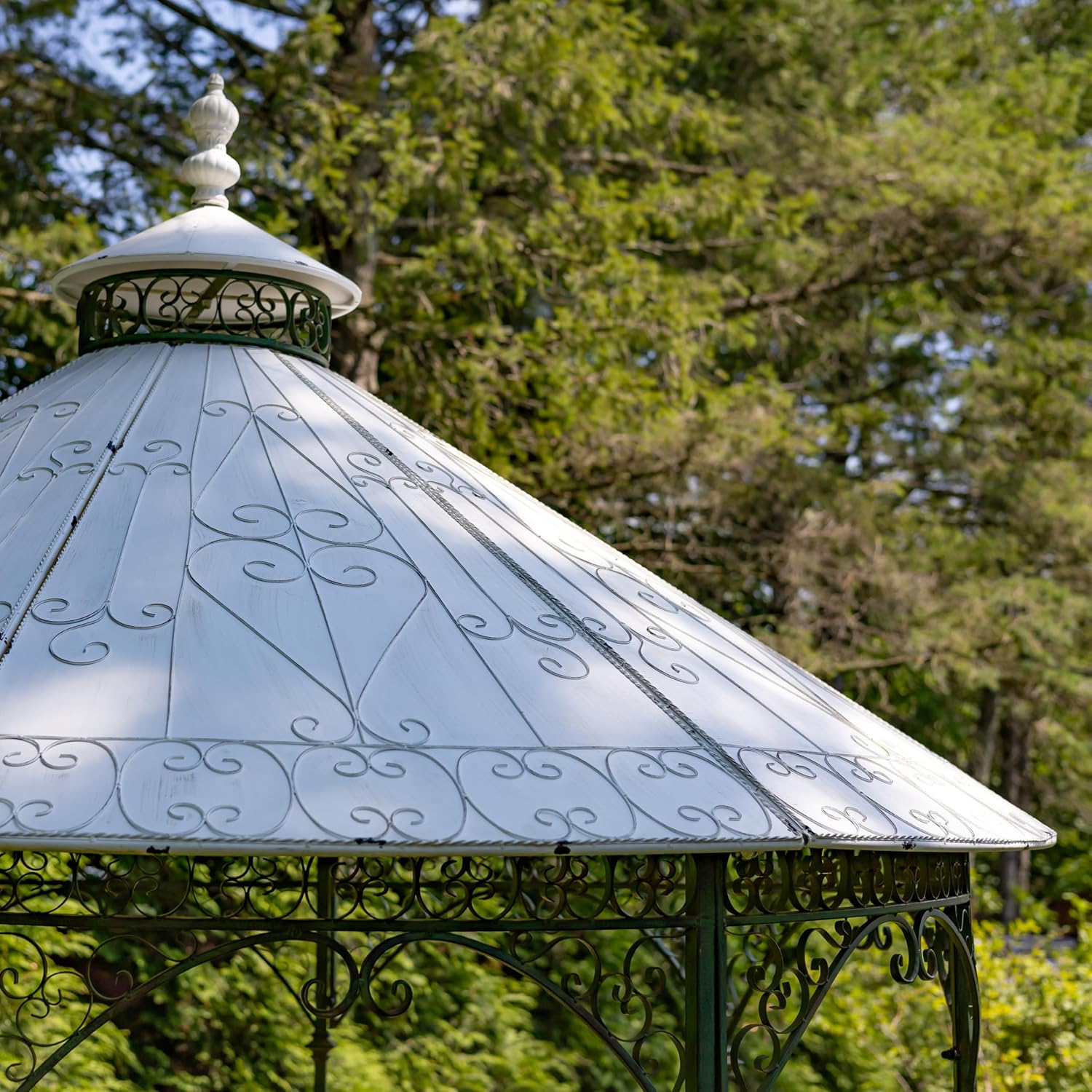 11.25ft. Tall Round Iron Gazebo with Four Side Walls & Flowers Baskets Seville (Antique Green)