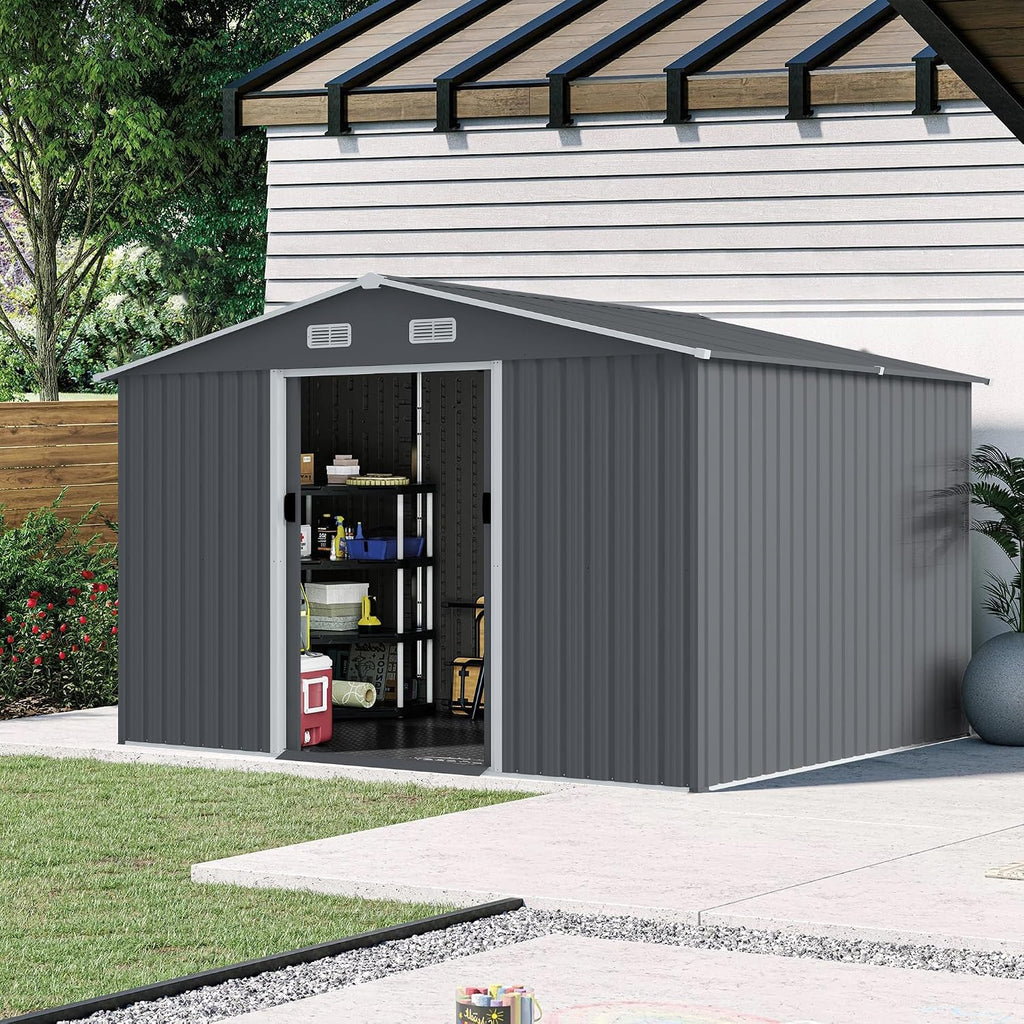 Shed with Windows,Large Metal Outdoor Storage Shed, Lockable Tool Storage shed, Steel Garden shed, Suitable for Backyard, Terrace, and Poolside (Grey, 8FTx10FT)