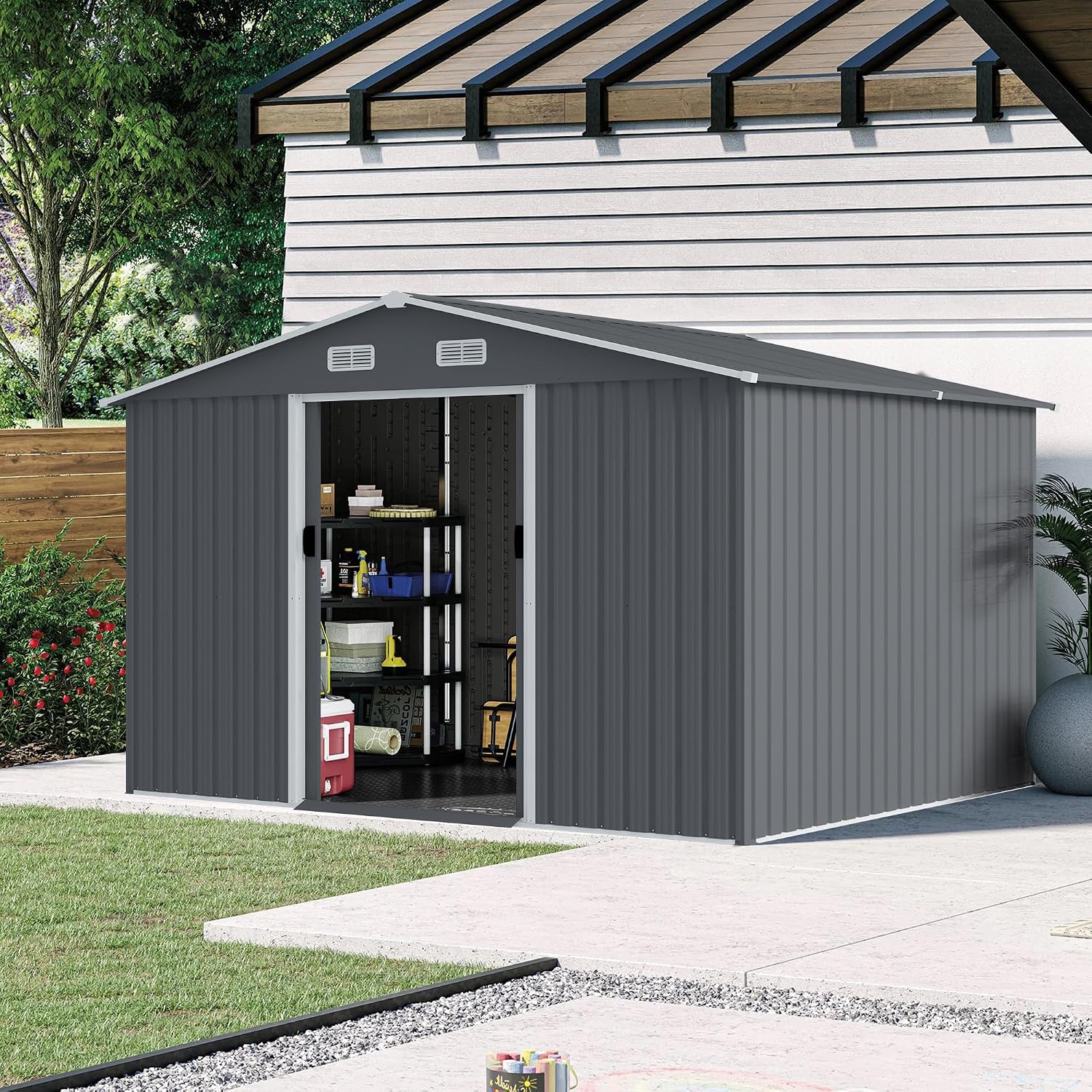 Shed with Windows,Large Metal Outdoor Storage Shed, Lockable Tool Storage shed, Steel Garden shed, Suitable for Backyard, Terrace, and Poolside (Grey, 8FTx10FT)