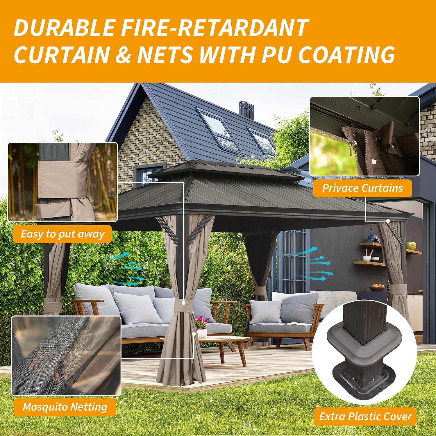 LifeSky 12x16FT Hardtop Gazebo: Metal Outdoor Shelter with Drainage System & Galvanized Steel Roof - Detachable Curtains & Netting for Patio Garden Backyard Use by Vacation Rental Owners