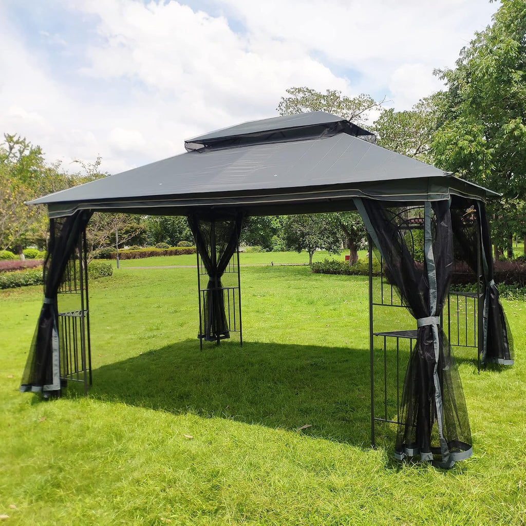 10x13 Outdoor Patio Gazebo, Heavy Duty Soft Top Gazebo with Shelves and Netting, Waterproof Canopy Gazebo with Galvanized Steel Frame and Double Roof, Metal Gazebo for Deck, Backyard, Porch (Gray)