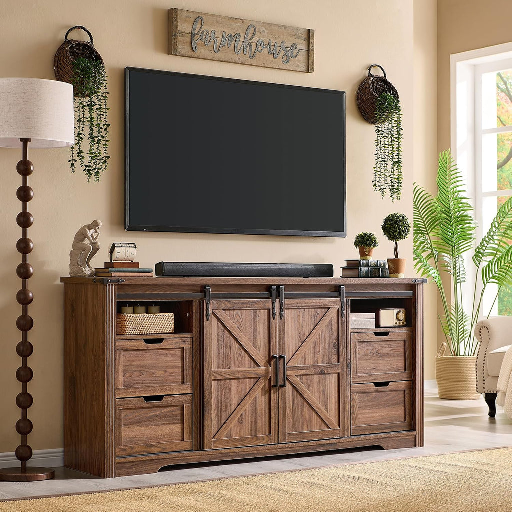 JXQTLINGMU Farmhouse Fireplace TV Stand for 80 Inch TV, 32' Tall Entertainment Center w/Drawer & Sliding Barn Door, 70 Inch Highboy Media Console for Living Room, Brown